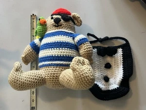 Handmade Crochet Pirate Bear Plush W/ Parrot , Anchor , Tuxedo Bib - Picture 1 of 10