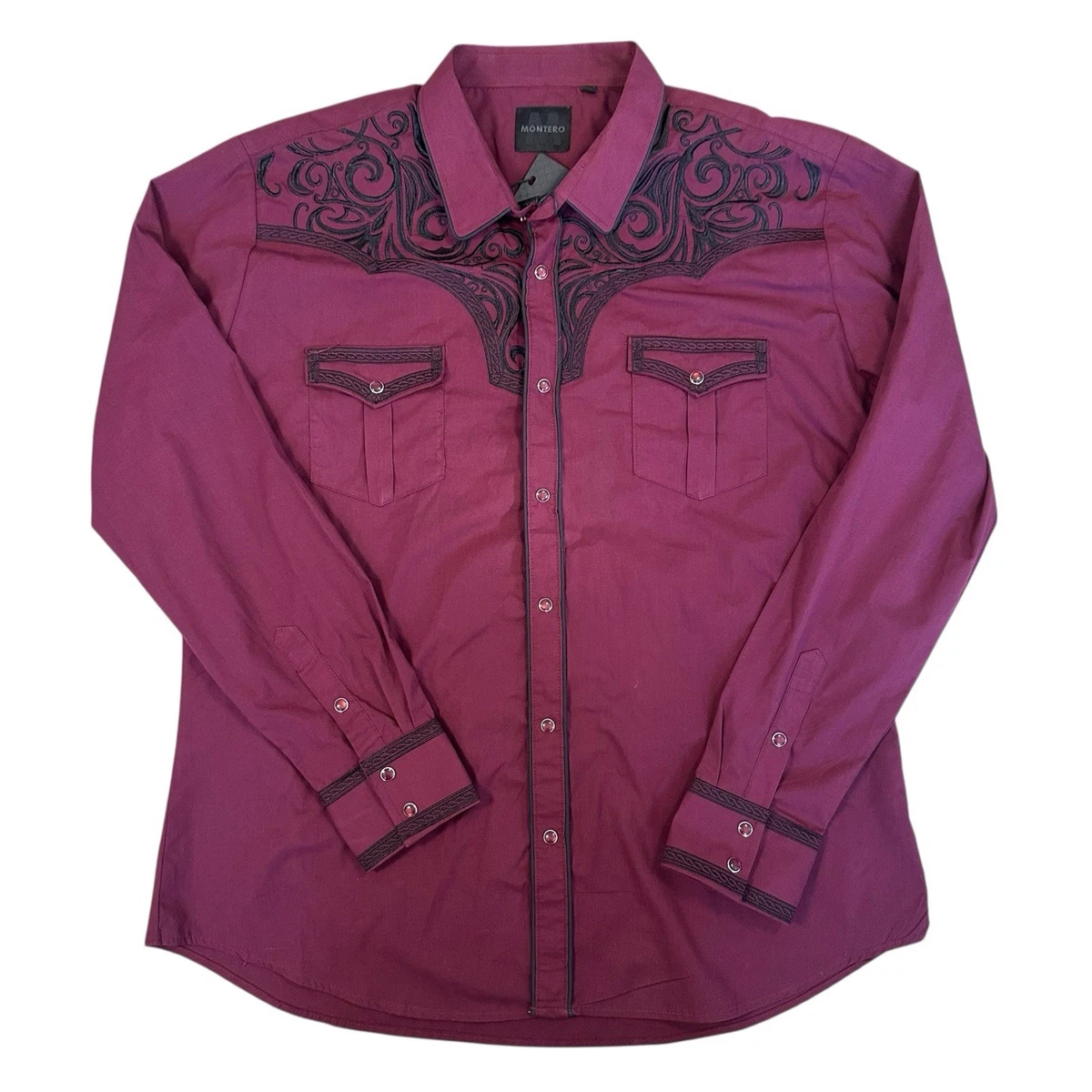 SALVAJE OESTE Men's Western Cowboy Shirt - Burgundy Embroidered Long Sleeve Snap Button - View #10