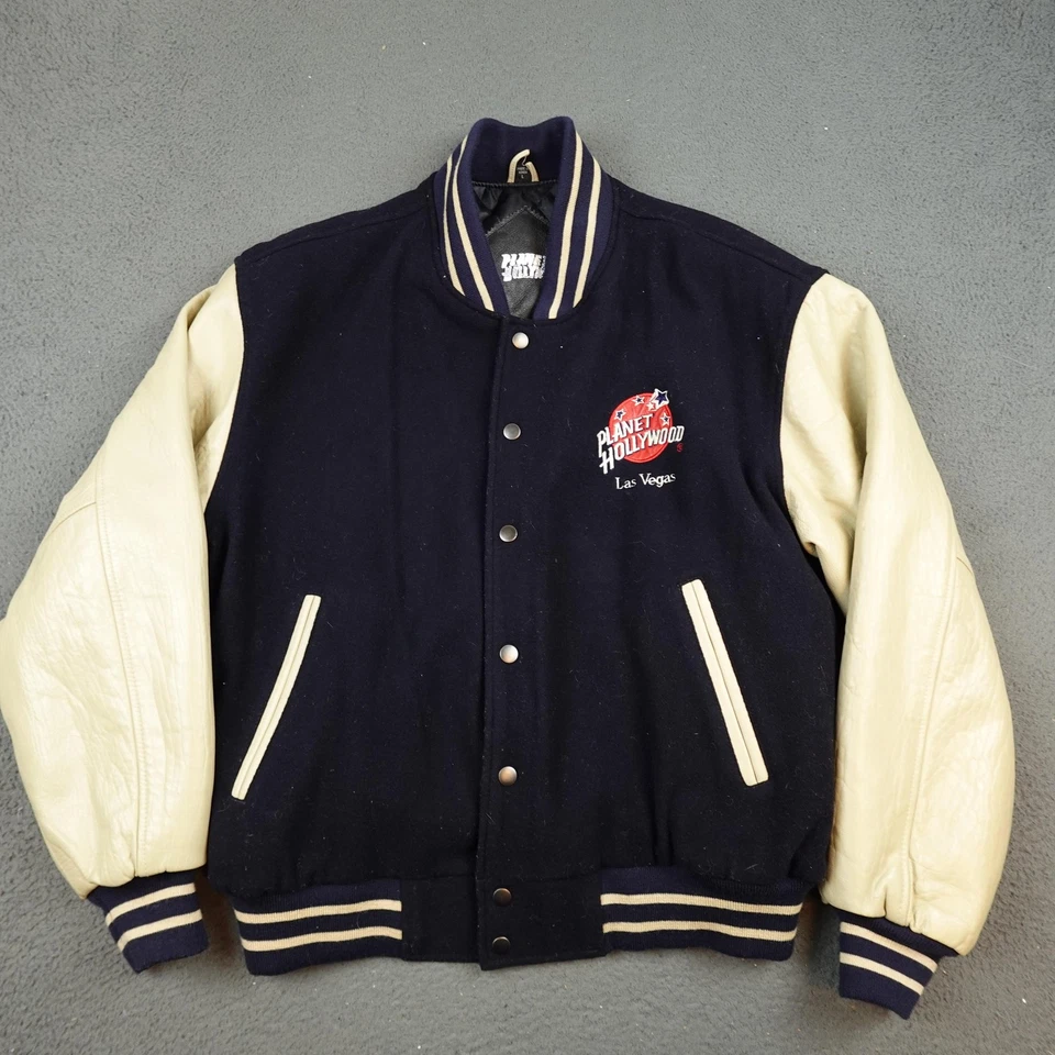 Vintage Planet Hollywood Jacket Mens Large Navy Leather Varsity Las Vegas 90s - Image 1 of 4