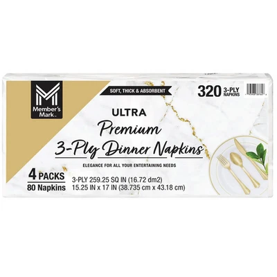 Member's Mark Ultra Premium 3-Ply White Dinner Napkins, 4 pks., 80 napkins/pk. - Image 1 of 4
