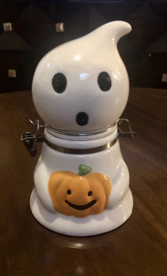 "Bote de bocadillos vintage Boston Warehouse con bisagras Ghost Holing A Jack O Lantern 7""" Foto 1 de 1