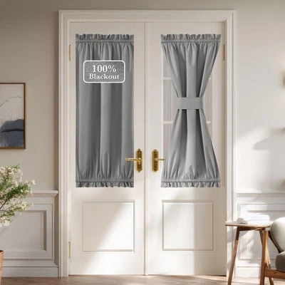 Cortina de puerta francesa 100 % lino apagado, cortina de puerta con aislamiento térmico para Pri... Foto 1 de 4