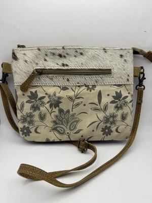 Myra Purse Posy Crossbody Bag Upcycled Canvas & Cowhide, EUC 7.5” x 9.5” - Image 1 of 4