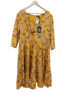 HELL BUNNY Ladies UK 22/24 Yellow Floral Summer Flared Dress Unworn With Tags - Picture 1 of 11