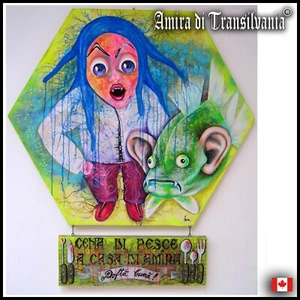 pop art painting modern contemporary original signed vampires figures green fish - Picture 1 of 24