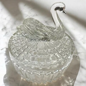 Vintage Pressed Glass Swan Trinket Box Jewelry Dish Clear Lidded Vanity Decor 5” - Picture 1 of 7