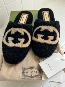 Gucci black shearling logo slide slippers flat size 35.5 - Picture 1 of 5