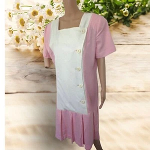 80s Pink Dress Cotton Retro Boxy Short Sleeve Shift Tall Vintage L XL - Picture 1 of 9