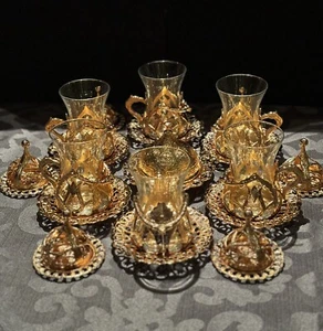Turkish Coffee Tea Water set 6 Person Gold Tone - Picture 1 of 15