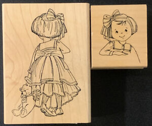 Art Impressions Little Girl in Dress Teddy Bear Front Back Rubber Stamp T-1518