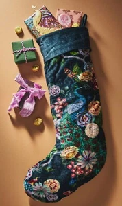 Anthropologie Jaya Velvet Embroidered Stocking Christmas Luxe Peacock Floral 23” - Picture 1 of 6