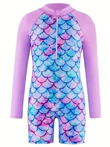 2025 Girls Swimming Costume Mermaid Print Long Sleeve Swimsuit Athletic Swimwear - Picture 1 of 7