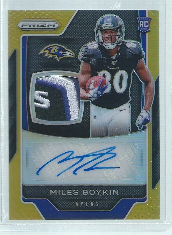 MILES BOYKIN 2019 PANINI PRIZM GOLD PRIZMS 3 COLOR LOGO PATCH AUTO RC #D 4/10 - Image 1 of 1