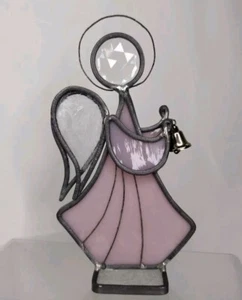 Free Standing Leaded Stained Glass 6" Angel Pink & White W/Halo & Jingle Bell - Picture 1 of 8