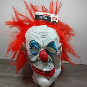 Maschera pagliaccio cattivo spaventoso in gomma Halloween con capelli rossi arancioni taglia adulto - Foto 1 di 7