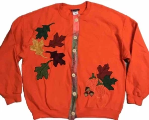 Hand Sewn Sweater Embroidered Fall Leaves Button Halloween Shirt Women's Size XL - Picture 1 of 12