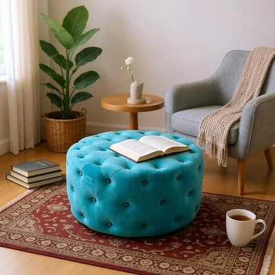 Large Pouffe Footstool 80cm Vintage Blue Tufted Velvet Round Seat for Bedroom - Image 1 of 4