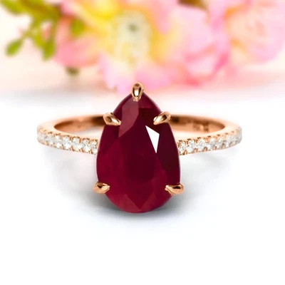Lab-Grown Pear Ruby Engagement Ring & Diamond Ring 10K Gold Ring Promise Rings - Image 1 of 4