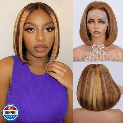 UTIDE Bob Wig Human Hair Highlight Ombre 13x4 Lace Front Wigs 4/27 Honey Blon - Image 1 of 4