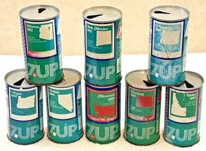 70's 7 Up-“The UnCola”-Lemon🍋Lime🍋‍🟩-(8) States-12oz-(8) Steel Soda-Pop Cans - Picture 1 of 9