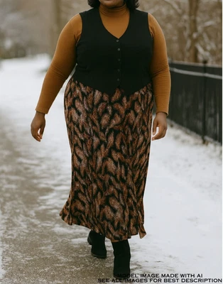 Vintage Plisse Maxi Skirt 3X Bird Feather Print Slits Elastic Neutral Minimalist - Imagem 1 de 4