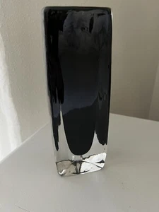 Signed Orrefors Black Smokey Glass Triangular Shaped Vase 9.5”~ Has Chip - Picture 1 of 10