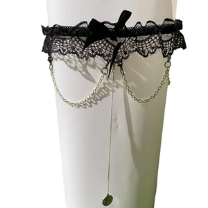 Black Lace Thigh Garter Belt Leg Lingerie Wife Gift W/ Silver Chain W/ Ohm Charm - Picture 1 of 9