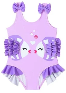 Girls One Piece Swimsuit Purple New Sz 4-5 Fish Design Bows + Ruffles - Picture 1 of 6