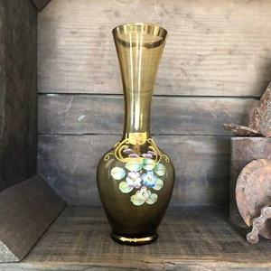 Jarrón de vidrio ámbar vintage, importación ARNART, flores esmaltadas pintadas a mano, hermoso - Imagen 1 de 10