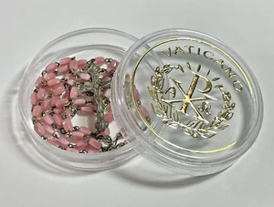 Vintage Pink Mother of Pearl Glass Bead Rosary 17 1/4" with Vatican case - Picture 1 of 10