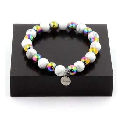 Steine Und Mineralien. Armband Perlen Howlite + Hämatit Multicolor 8 Mm. Fabri - Bild 1 von 4