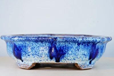 Japanese Bonsai Pot Tokoname SHUHO φ9.8"(25cm) Blue Glazed Round Rinka Y882 - Image 1 of 4