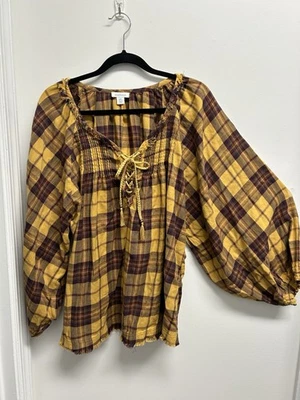 Camisa Sundance Dorada/Marrón Cuadros Boho Borla Trenzada Manga Globo XXL Foto 1 de 4