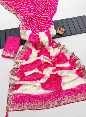 Sari de seda Cherod dorado premium con hermoso hilo y encaje trabajo de vieira Foto 1 de 4