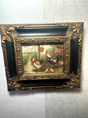 Tableau ancien signé.  Scène de Basse Cour Poules Coq. Peinture huile sur toile. - Photo 1/4