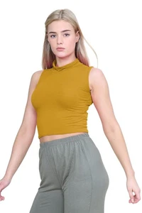 Womens Sleeveless Crop Top Ladies High Turtle Neck Plain Stretchy T-Shirt Vest - Picture 1 of 165