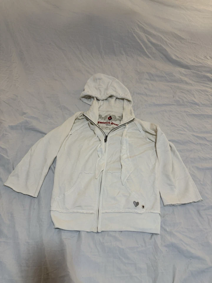 Twisted Heart Hoodie Womens White Velour  Sequin Trim Heart Zipper Medium 169 - Image 1 of 4