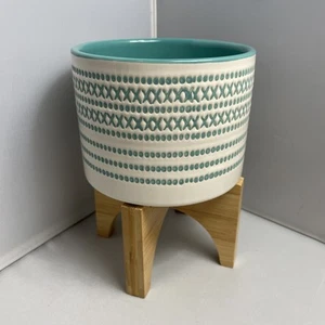Sagebrook Home 5" Aztec Style Planter Ceramic Pot on Bamboo Stand Teal White - Picture 1 of 7