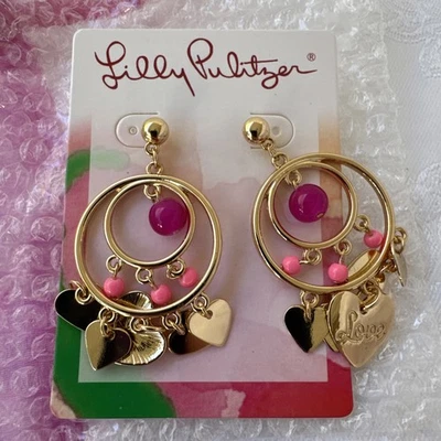 全新带标签 Lilly Pulitzer Goldtone 粉红色圆形心形环状耳环穿孔礼品袋 — 第 1/4 张图片