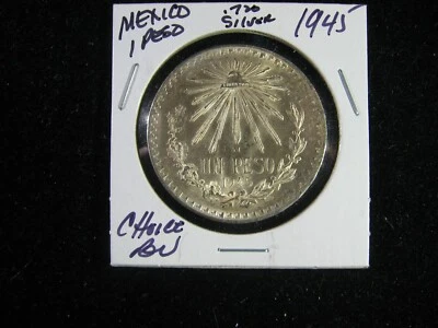 MÉXICO 1945 .720 PLATA FINA TAPA Y RAYOS 1 UN PESO ELECCIÓN SIN CIRCULAR Foto 1 de 2