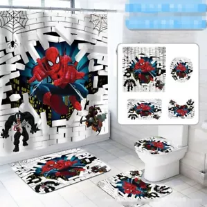 New 1 Set Bathroom Toilet Lid Cover Spider-Man Rug Shower Curtain 4PCS Mats - Picture 1 of 4
