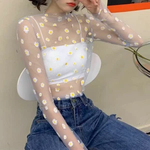 Women Sexy See Through T-Shirt Mesh Sheer Top Blouse Tee Daisy Print Clothing - Picture 1 of 17