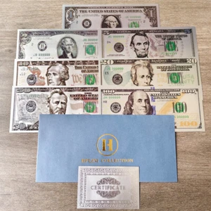 7pcs/set in Envelope US 1 2 5 10 20 50 100 Dollars Silver Foil Plastic Banknotes - Picture 1 of 16