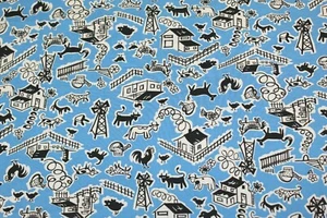 100 % Cotton fabric ~ Blue with retro look black farm items ~ BTY - Picture 1 of 2