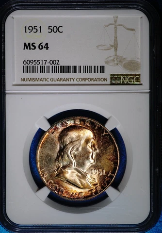 1951 Franklin Half Dollar Silver, Uncirculated, NGC MS64 Rainbow Color, 002 Cover