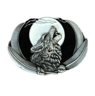 CONCHO-WORLD.DE Gürtelschnalle Buckle Wolf Mond Feder für Gürtel bis 4 cm Metall silber
