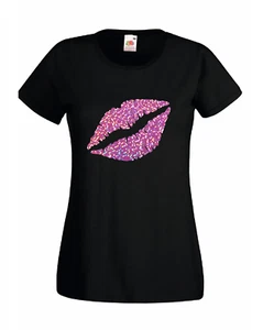 GLITTER Pink Lips Ladies Summer Casual T-Shirt Tee Top - Picture 1 of 1