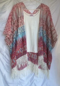 Three Pink Hearts Tank Top & Fringed Shawl Sheer Coverup Shirt S (A5) - Picture 1 of 5