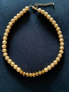 Imitation Pearl Necklace, Chocker 18" Light Gold with Hexagonal Balls in Front - Picture 1 of 3
