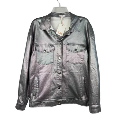 Jaqueta caminhoneiro Gianni Bini revestida prata metálica manga longa feminina tamanho M nova - Imagem 1 de 4